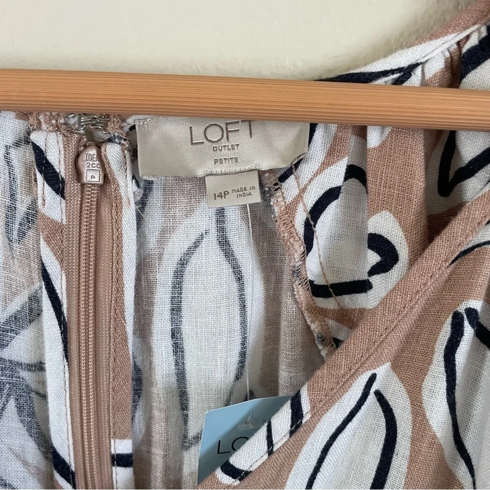 NWT Loft Outlet Linen Blend Floral Print Ivory Tan Navy Dress Size 14P